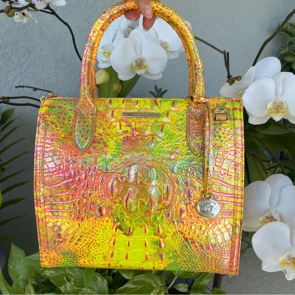 Brahmin Small Caroline Spritz Melbourne Leather Neon Yellow Orange Green